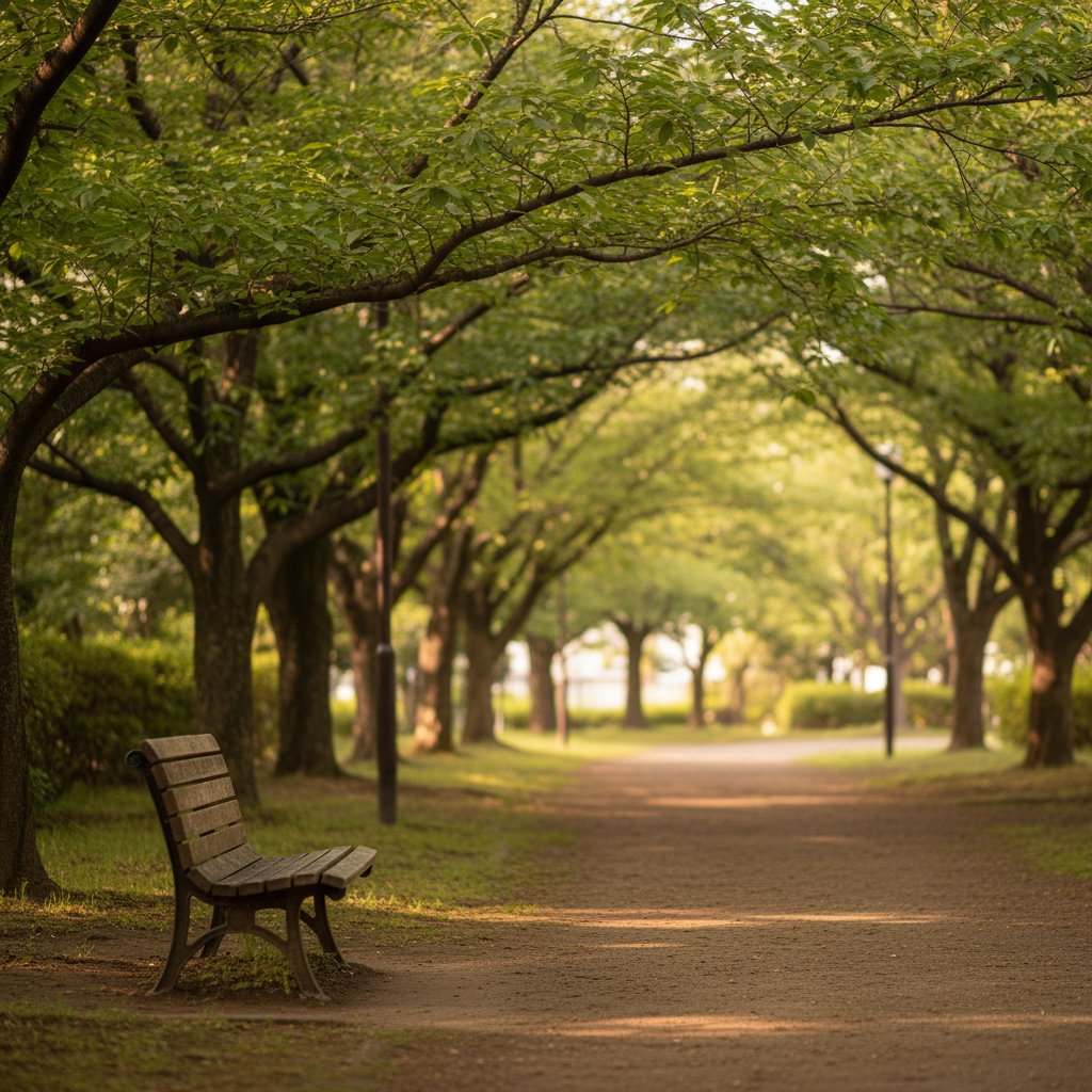 新緑の木々に囲まれた公園の小道。木漏れ日が差し込む穏やかな散歩道（横浜市青葉区）