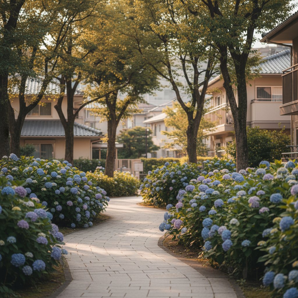 初夏の散歩道に咲きはじめた紫陽花。やわらかな日差しに包まれた青葉区の並木道